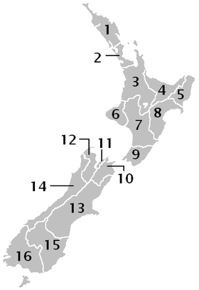 Мапа Новай Зэляндыі з пазначэньнем межаў рэгіёнаў