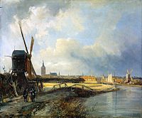 Cornelis Springer: Gezicht op Den Haag vanaf de Delftse vaart in de zeventiende eeuw, 1851, waarin zich de overgang van de Nederlandse romantiek naar de meer realistische stijl van de Haagse School aftekent.