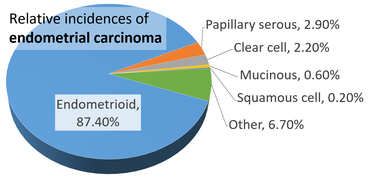 Relative incidences of endometrial carcinomas by histopathology, being endometrioid in a majority of cases[7]