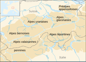 Carte de localisation des Alpes pennines et valaisannes dans les Alpes centrales.