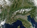 A satellite view of the Alps, a mountain range in Europe.