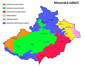 Nářečí na území Moravy a českého Slezska:      Středomoravská nářeční skupina      Východomoravská nářeční skupina      Lašská nářečí      Českomoravská nářečí      Těšínské nářečí      Smíšená nářečí (oblasti původně obývané Němci, znovuosídleno po jejich odsunu z roku 1945)