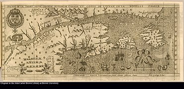 Carte de Marc Lescarbot, « Figvre de la terre nevve, grande riviere de Canada, et côtes de l'ocean en la Novvelle France, 1609 ». Il était de l'expédition de l'Acadie en 1603-1607, avec Pierre Dugua de Mons et Champlain.