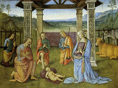 În acest tablou din 1503 de Perugino, pigmentul de malachit a fost folosit pentru a picta veșmintele strălucitoare ale închinătorilor, în timp ce verdele de fundal a fost pictat în pigmenți de pământ verde.