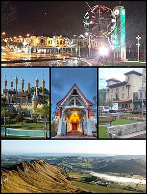 From top clockwise: Hastings CBD at night, Hawke's Bay Opera House, Tukituki Valley from Te Mata Peak, Sky Castle at Splash Planet, Saint Matthews Church