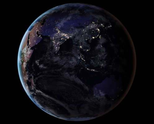 Imagem da Terra mostrando as luzes noturnas em 2016. Foi extraída de um mapa composto global de 2016. (definição 4 960 × 4 000)