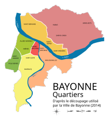 Carte des sept quartiers de Bayonne. Aplats de couleurs vives sur fond gris.