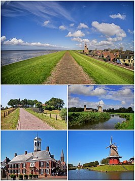 Wierum naast de Waddenzee, Hegebeintum, Wânswert, stadhuis en windmolens in Dokkum