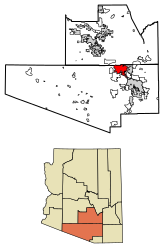 Location of Marana in Pima County and Pinal County, Arizona