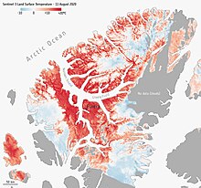 Land temperature of Eureka, Nunavut and its surroundings measured by the SLSTR instrument on August 11, 2020