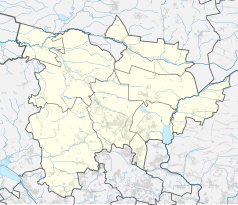 Mapa konturowa powiatu tarnogórskiego, u góry po lewej znajduje się punkt z opisem „Kaplica Bożego Grobu w Potępie”