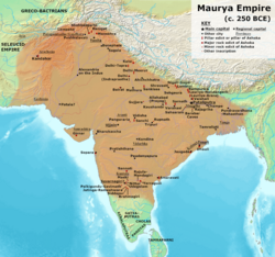 Maximum extent of the Maurya Empire showing important cities, as shown by the location of Ashoka's inscriptions, and visualized by historians: Vincent Arthur Smith;[8] R. C. Majumdar;[9] and historical geographer Joseph E. Schwartzberg.[10]