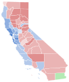 Vainqueur par comté : Newsom en bleu, Cox en rouge et Villaraigosa en vert.