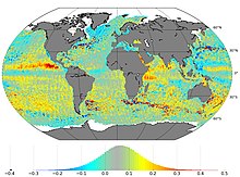 A map of sea-level anomaly measurements from March and April 2016, acquired by the SRAL instrument on the Sentinel-3A satellite