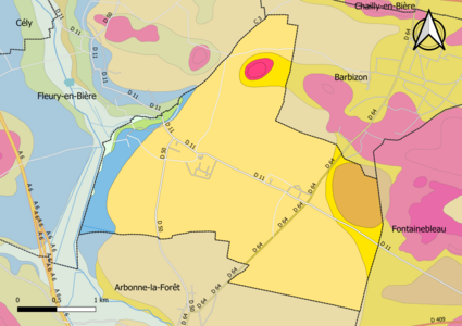 Carte montrant en couleurs le zonage géologique simplifié d'une commune