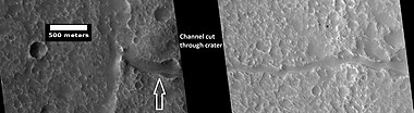 Channel as seen by HiRISE under HiWish program. Arrow indicates where erosion has cut through a crater. Since July 23, 2023, HiRISE observations have lacked data from the RED4 CCD due to a hardware issue, creating a gap in the middle of image products.