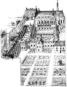 Vue du couvent en direction du nord depuis l'emplacement de l'actuelle rue de Rivoli (illustration du XIXe siècle d'après une vue de 1707).À gauche, l'alignement de bâtiments ainsi que le passage longeant le mur de clôture correspondent à l'axe de l'actuelle rue de Castiglione. L'allée de traverse centrale du jardin, perpendiculaire à cet axe, correspond au tracé de l'actuelle rue du Mont-Thabor.