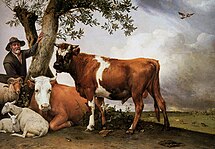 Paulus Potter: De stier, 1647, voorbeeld van een landschap met vee, vooruitlopend op de 19e-eeuwse schilderkunst, toen het thema gemeengoed werd.