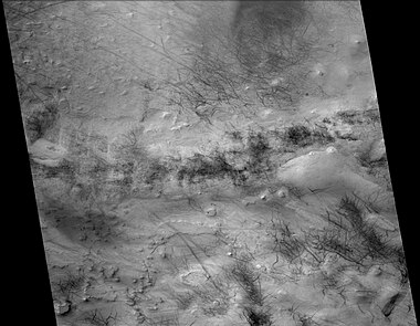 Dust devil tracks in and around Hooke Crater, as seen by CTX camera (on Mars Reconnaissance Orbiter). Note: this is an enlargement of the previous image of Hooke Crater.