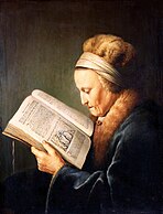 Gerrit Dou: Lezende oude vrouw, circa 1631 - circa 1632, voorbeeld van een schilderij niet in opdracht.