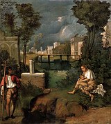 Giorgione. La Tempête. vers 1510. Huile / toile, H. 83 cm. Gallerie dell'Accademia, Venise