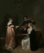 Interieur met Sofie en Henriëtte Lotzen en de schilder Kruseman, spelend op een gitaar (Interior con Sofie y Heriëtte Lootzen y el pintor Kruseman tocando la guitarra), 1814.