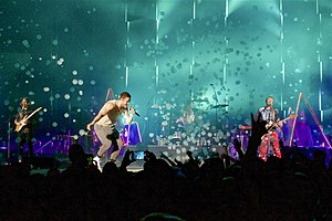 Imagine Dragons at Mohegan Sun in 2017. Left to right: Wayne Sermon, Dan Reynolds, former drummer Daniel Platzman, and Ben McKee.