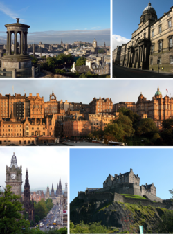 Clockwise from top-left: View from Calton Hill, Old College, University of Edinburgh, Old Town from Princes Street, Edinburgh Castle, Princes Street from Calton Hill