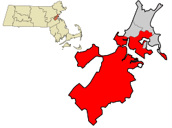 Boston (đỏ) trong quận Suffolk (xám+đỏ) tại bang Massachusetts