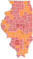 Vainqueur républicain par comté : Rauner en rouge et Ives en orange.