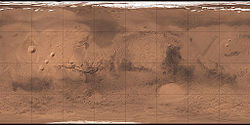 Mapa topogràfega de Marte. Projesion de ecuiretangołare. Àrea reprezentada: 90°N-90°S; 180°W-180°E.