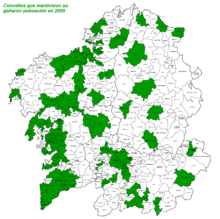 Concelhos que ganharam ou mantiveram a sua população em 2009.