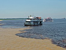 Vue de la limite entre les eaux ocre et sombre des deux fleuves, à hauteur d'eau. Un bateau s'approchant de cette limite est visible.