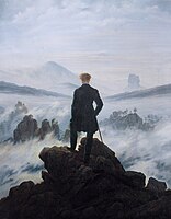 Caspar David Friedrich: De wandelaar boven de nevelen, 1818, waarin hij de persoonlijke beleving van de overweldigende natuur benadrukt. Het "rückenansicht" maakt de kijker tot deelgenoot.