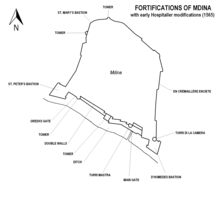 View of Mdina (above) and map of the city's fortifications as they were in 1565 (below)