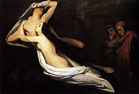 Ary Scheffer: De gedaantes van Paolo en Francesca aanschouwd door Dante en Vergilius, 1835, waarin de invloed van het neoclassicisme herkenbaar is, maar met een sentimenteel-romantische boodschap.