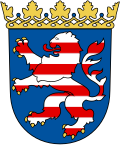 León de Hesse burelado en el Escudo de Hesse, derivado del escudo de armas de los Ludovingios.