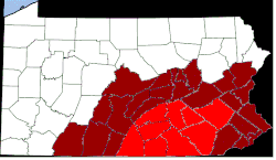 Areas encompassing the counties largely constituting the Pretzel Belt with brighter red reflecting Pennsylvania Dutch Country