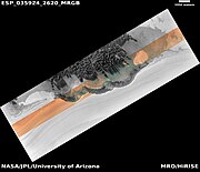 North Polar Scarp in Abalos Undae with Basal Exposure and Dunes map-projected in RGB colour and distance scale