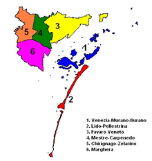 Carte des six municipalités de la commune de Venise.