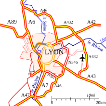 Carte des infrastructures autoroutières de l'agglomération lyonnaise