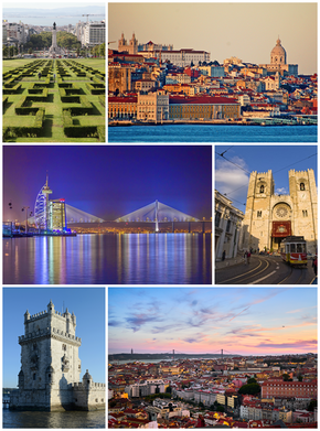 Clockwise, frae top: Eduardo VII Park, Commerce Square wi the Alfama destrict, the Sé de Lisboa, panoramic view o the ceety frae São Jorge Castle wi the 25 de Abril Bridge at backgrund, the Belém Touer an the Parque das Nações wi the Vasco da Gama Bridge at backgrund.