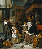 Jan Steen: Het Sint-Nicolaasfeest, 1665-1668, typerend levendig en chaotisch tafereel uit het dagelijks leven.