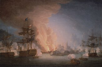 Naval vassals bombing a coastal city as a ship burns