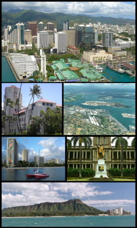 Clockwise frae tap: aerial view o Downtown Honolulu, Pearl Harbor richt ootside the ceety, statue o Keeng Kamehameha I in front o Aliʻiolani Hale in ceety centre, Diamond Head, watterfront on Waikīkī Beach an Honolulu Hale (Ceety Haw)