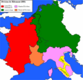 Troisième partage de l'Empire carolingien en 880, par le traité de Ribemont, la Francie orientale récupère les territoires de l'ex-Lotharingie.