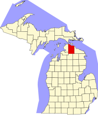 Map of Michigan highlighting Cheboygan County