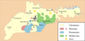 Divisions ètniques a l'oblast de Txernivtsi (Ucraïna) amb moldesos autodeclarats en verd i autodeclarats romanesos en blau (1980)