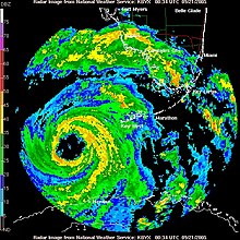 Radar image of a passing hurricane with an apparent eye