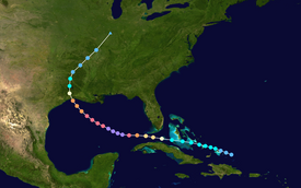 Map plotting the storm's track and intensity, according to the Saffir–Simpson scale